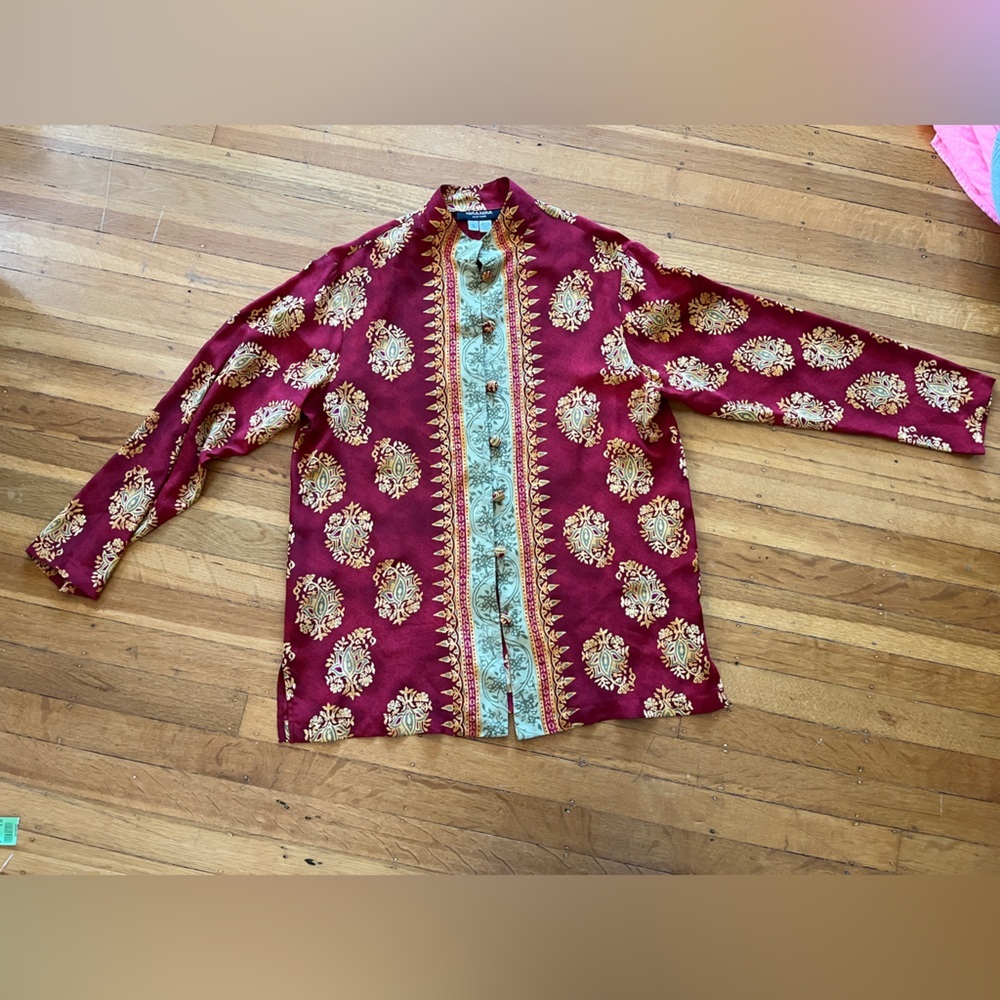 Vintage Nira Nira silk burgundy red paisley tunic top S short kurti Nehru Indian